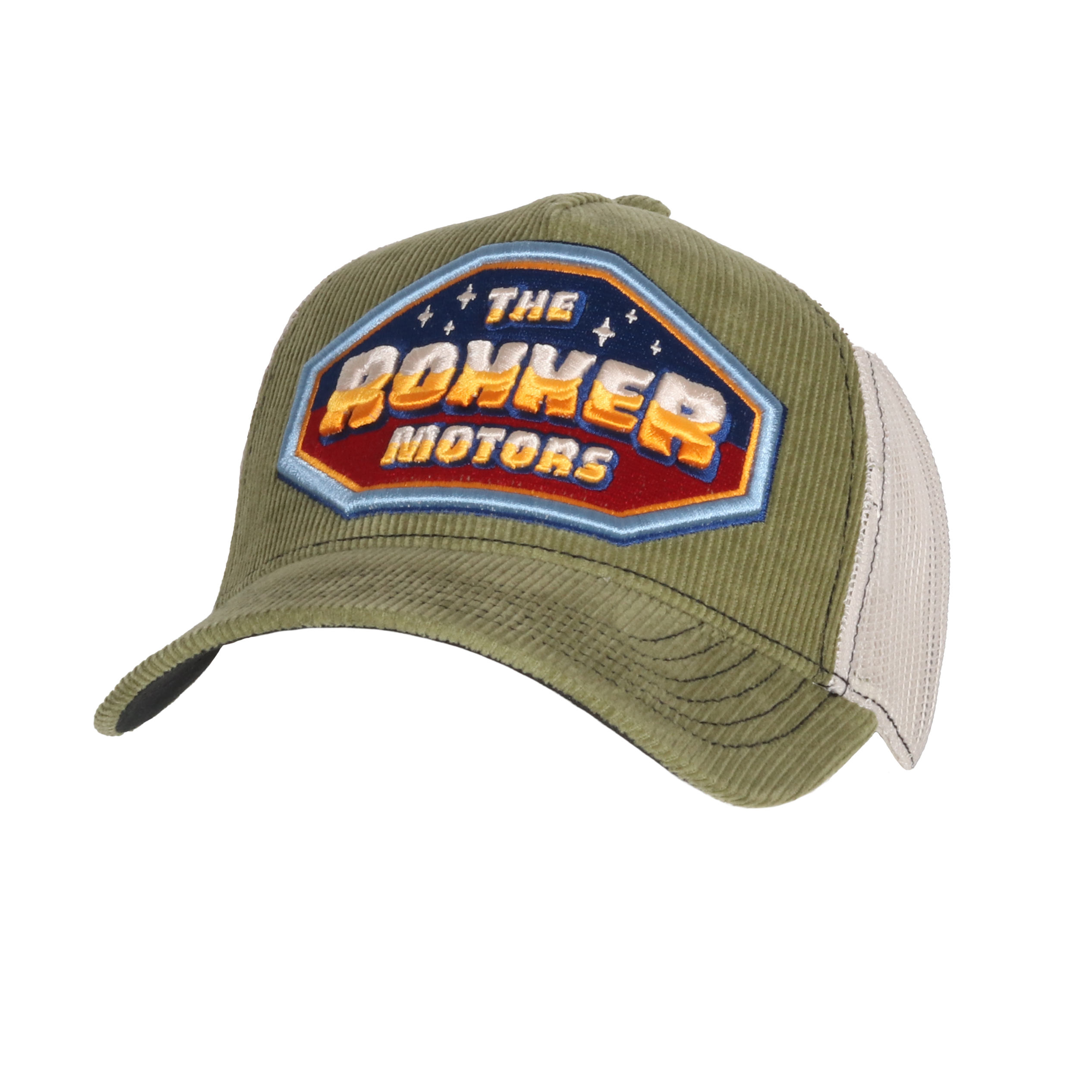 Produktfoto einer grün-grauen Cap aus schräger Frontperspektive vor hellem Hintergrund.